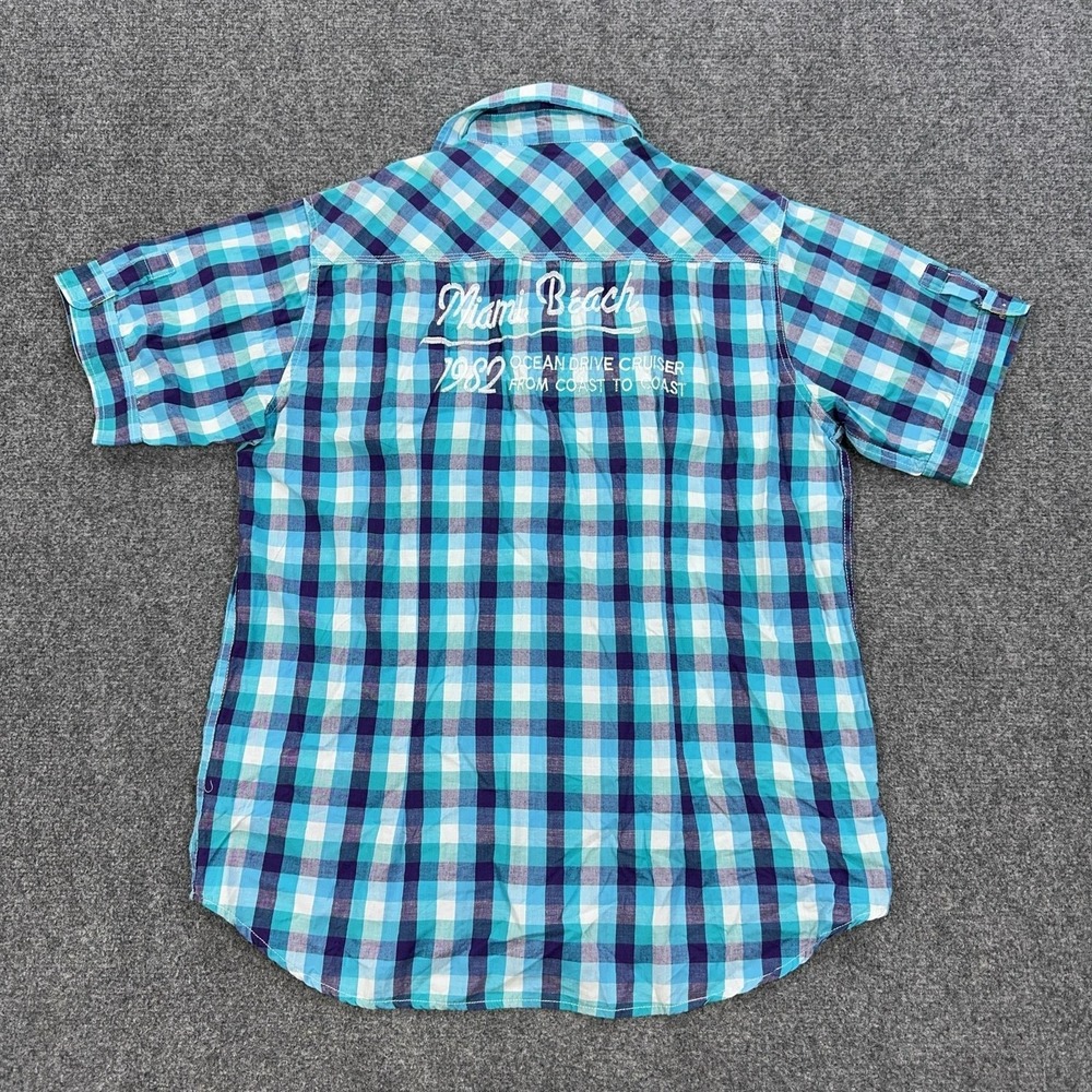 Red Snap Shirt Mens L Blue Plaid Short Sleeve Pearl Snap Miami Beach Embroidered